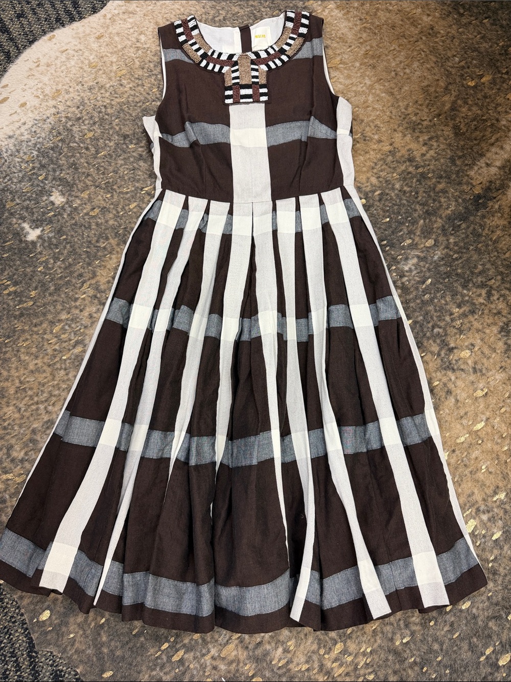 Maeve Brown, Cream and Gray Striped Pleated Dress | women’s 2